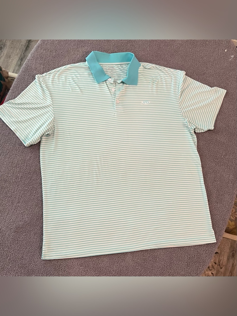 AFTCO Men's Mint and White Stripe Polo